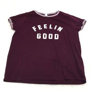 "feelin good" maroon T-shirt with white stripes